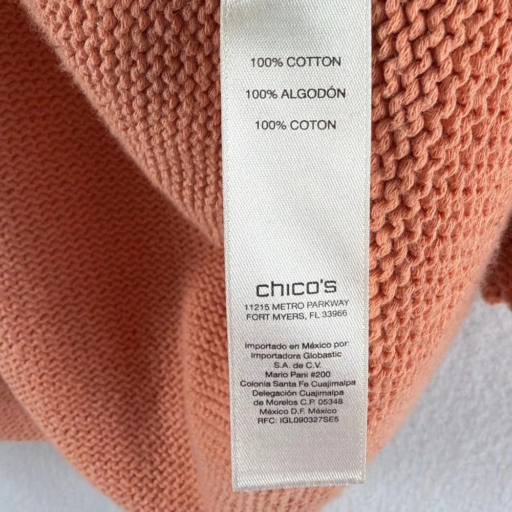 Chicos Open Front Cotton Cardigan Sweater Coral Peach Textured Knit Sz 1/M